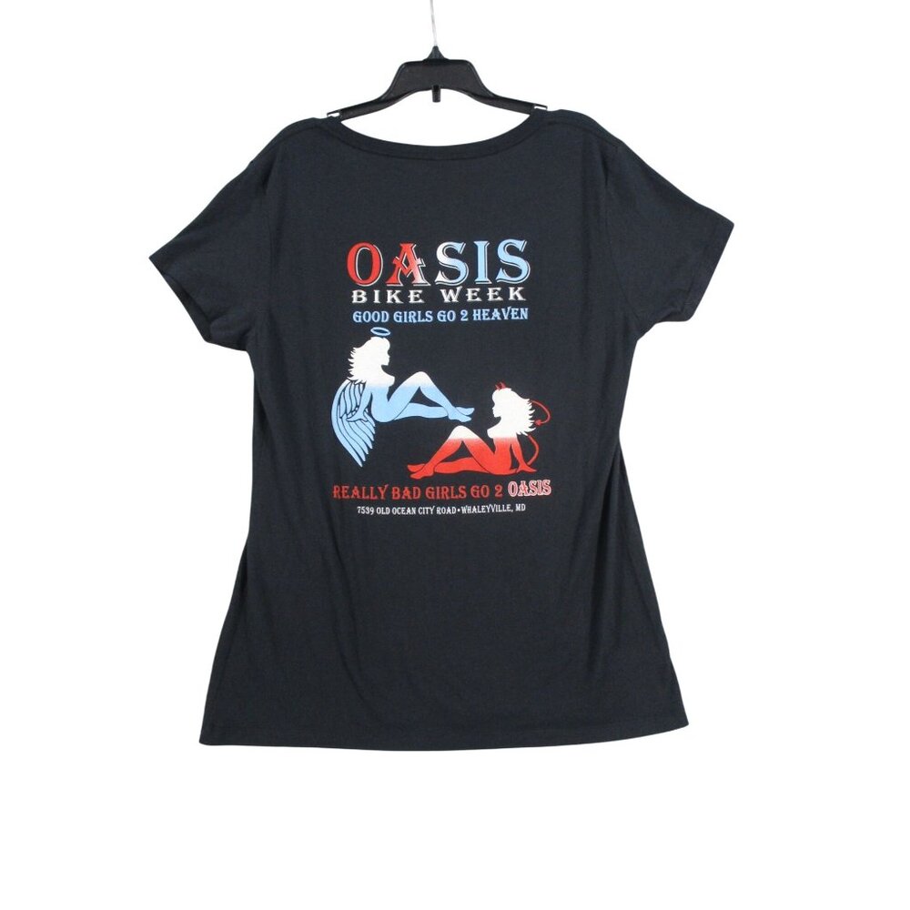 Oasis Bike Week Graphic T-Shirt Black V-Neck Angel & Devil Theme Womens‎ Size L